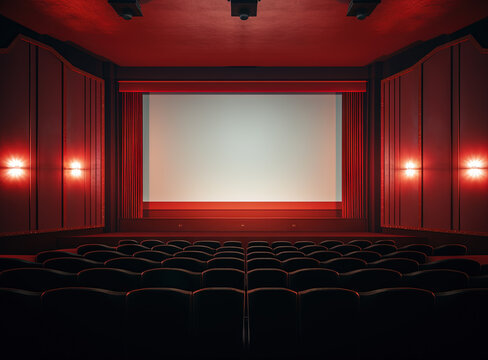 Cinema interior with seats and white screen. Movie theater room with chairs