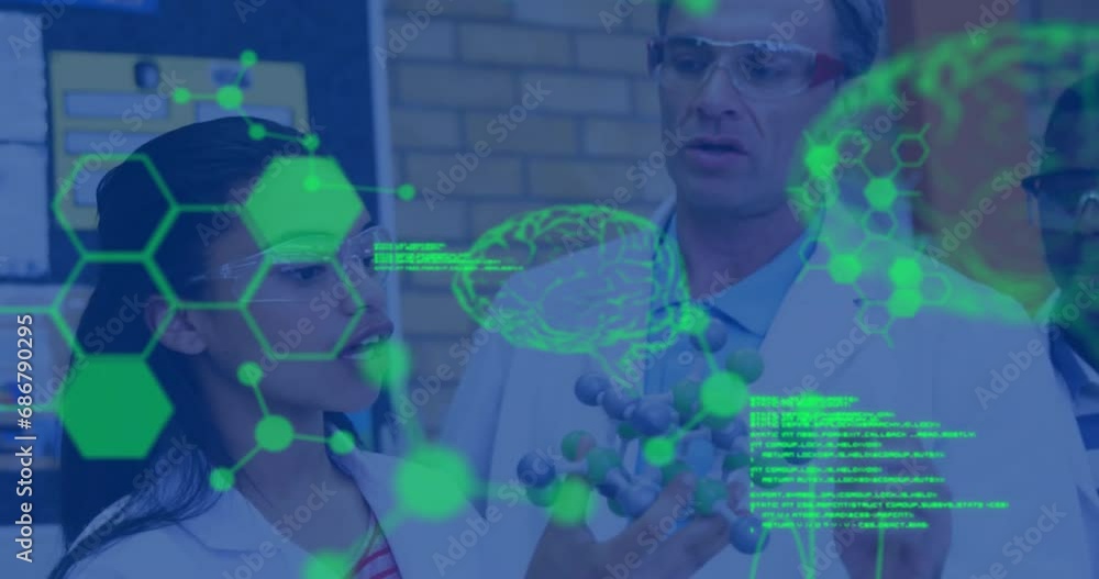 Poster animation of scientific data processing over diverse scientistsin laboratory