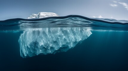 Big Iceberg significant part submerged underwater as unseen efforts for success. Hidden struggles hard work contribute to visible achievements, depth of dedication perseverance behind surface concept.