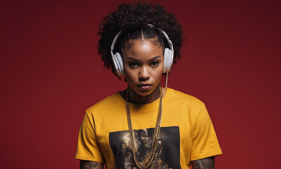 Cute black woman posing for photo with headphones listening to music