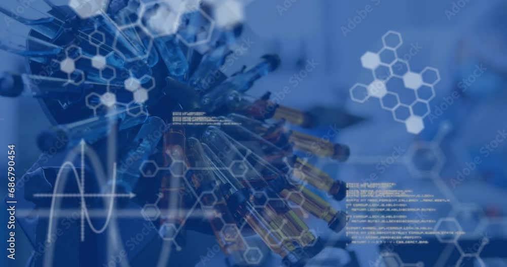 Poster animation of scientific data processing over test tubes spinning in laboratory
