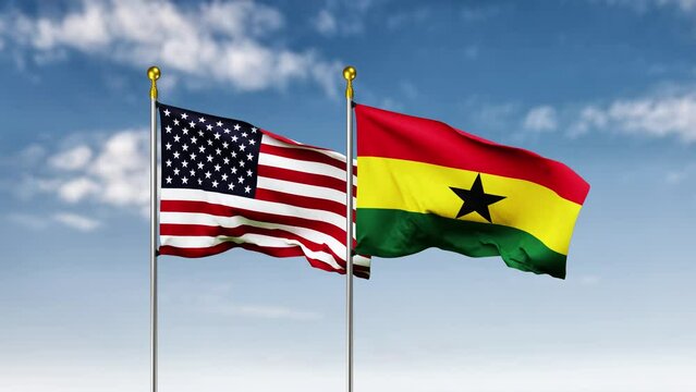 USA or america and ghana flag waving on sky background. 4K Highly Detail 3D Rendered video footage for national or government activity, patriotism and  social media content.
