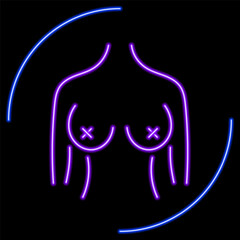 female breasts neon sign, modern glowing banner design, colorful modern design trends on black background. Vector illustration.