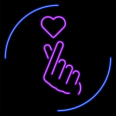 hand heart neon sign, modern glowing banner design, colorful modern design trends on black background. Vector illustration.