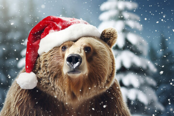 Experience winter with a delightful scene of a bear wearing a Santa hat while snowing. Ai generated