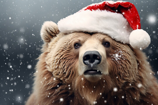 Experience winter with a delightful scene of a bear wearing a Santa hat while snowing. Ai generated