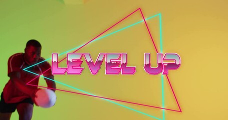 Animation of level up text over neon pattern african american rugby player - Powered by Adobe