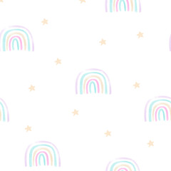 Nice baby neutral bohemian rainbows seamless pattern. Trend rainbows surface. Boho rainbows for baby shower invitations, cards, nursery room, posters, fabric.