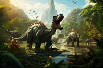 Step into the past with this imaginative illustration depicting dinosaurs thriving in a lush prehistoric Jurassic jungle. Ai generated