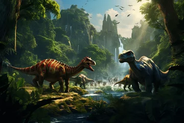 Zelfklevend Fotobehang Step into the past with this imaginative illustration depicting dinosaurs thriving in a lush prehistoric Jurassic jungle. Ai generated © dragomirescu