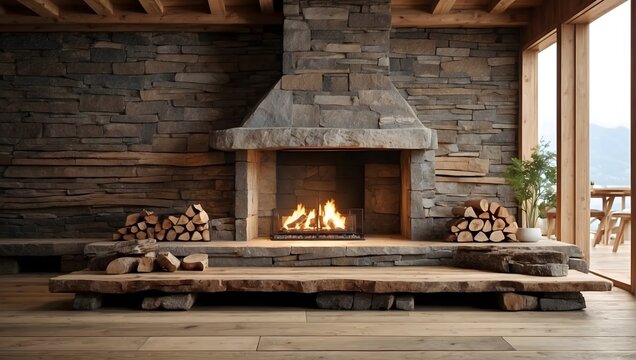 room with a stone fireplace