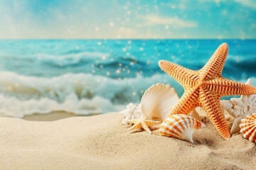 Fototapeta na wymiar Starfish and seashells on the sea beach