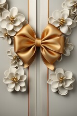 A golden ribbon with white flowers. Wedding invitation. Luxurious minimalist concept.