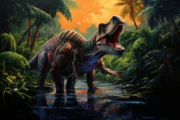 Keuken spatwand met foto Step into the past with this imaginative illustration depicting dinosaurs thriving in a lush prehistoric Jurassic jungle. Ai generated © dragomirescu