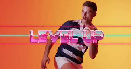 Animation of level up text over neon pattern caucasian rugby player - Powered by Adobe