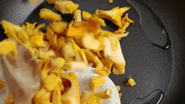 girolles vers&eacute;s dans une po&ecirc;le, en gros plan