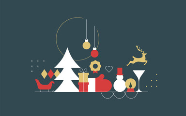 Merry christmas modern geometric background template. Empty abstract xmas holiday design with winter decoration. Festive party invitation, minimalist december event greeting card.