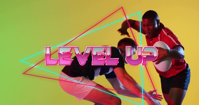 Animation of level up text over neon pattern diverse rugby players