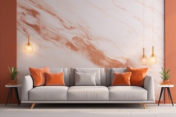 Contemporary Minimalist Living Room with White Sofa Against Terra Cotta Marble Stone Paneling Wall