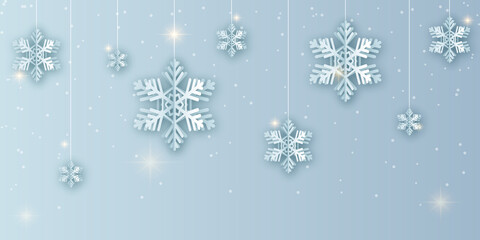 Christmas illustration with white and blue 3D paper snowflakes