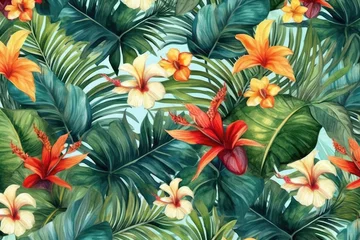 Gordijnen Tropical exotic pattern with animal and flowers in bright colors and lush vegetation. Ai Generative. © Mix and Match Studio