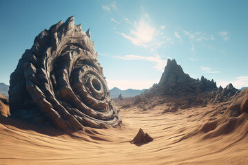 Surreal rock vortex formation. Fictional coiled stones in the desert mountains - obrazy, fototapety, plakaty