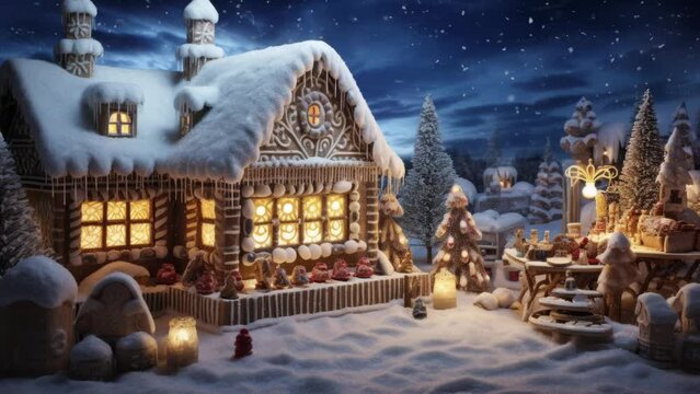 Christmas Winter snow photo Lebkuchenhaus mit Zuckerguss und Beleuchtung in weihnachtlicher Stimmung. Ideal als Hintergrundbild zum - Seamless loop animation, created using AI Generative Technology