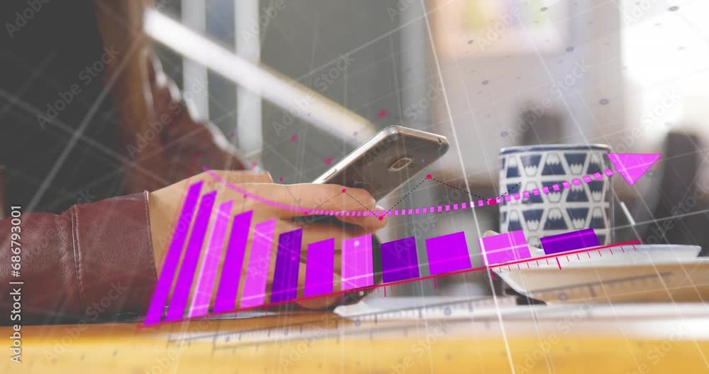 Poster animation of financial data processing over caucasian businessman using smartphone