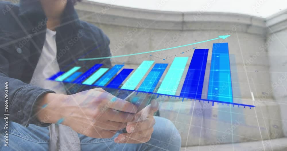 Aufkleber animation of financial data processing over biracial man using smartphone