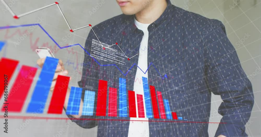 Poster animation of financial data processing over caucasian businessman using smartphone