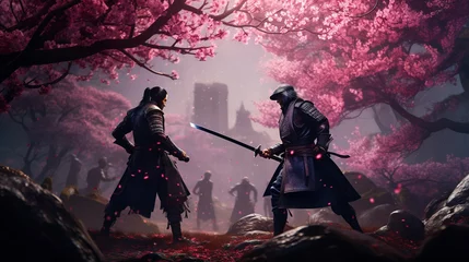 Gordijnen Duel of samurai warriors with swords in the garden of sakura blossom © swillklitch