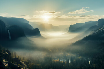 sunrise over a misty valley with mountains and a waterfall in the background, creating a serene landscape, ai generative