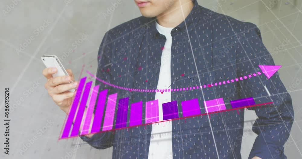 Aufkleber animation of financial data processing over caucasian businessman using smartphone
