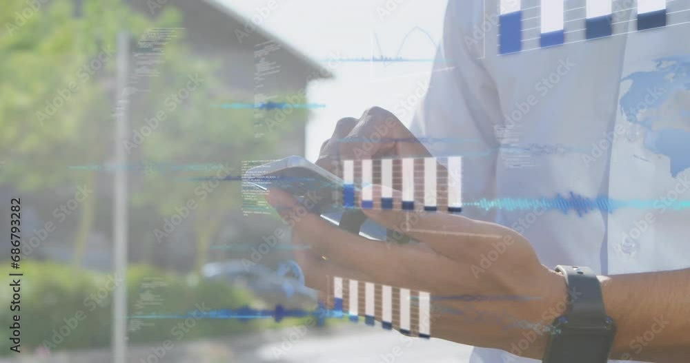 Poster animation of financial data processing over caucasian businessman using smartphone