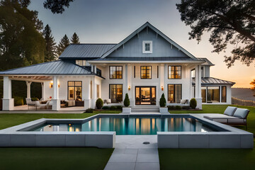 Beautiful modern farmhouse style luxury home exterior at twilight. Generative AI - obrazy, fototapety, plakaty