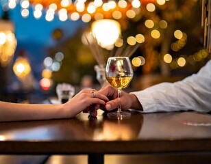 Two lovers drinking wine in a restaurant and they are holding each others hand
