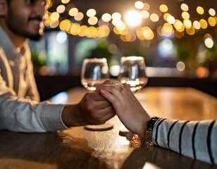 Two lovers drinking wine in a restaurant and they are holding each others hand