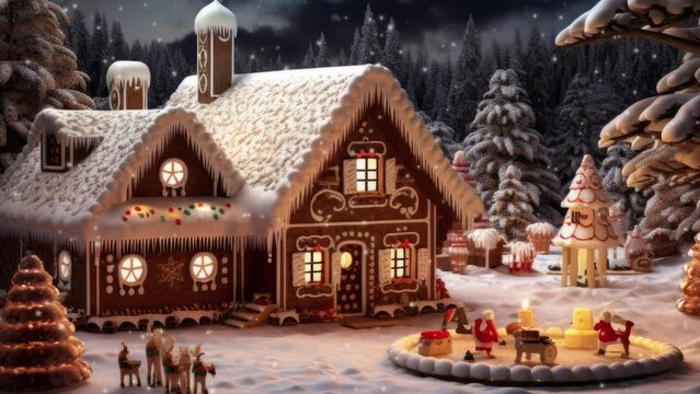 Christmas Winter snow photo Lebkuchenhaus mit Zuckerguss und Beleuchtung in weihnachtlicher Stimmung. Ideal als Hintergrundbild zum - Seamless loop animation, created using AI Generative Technology