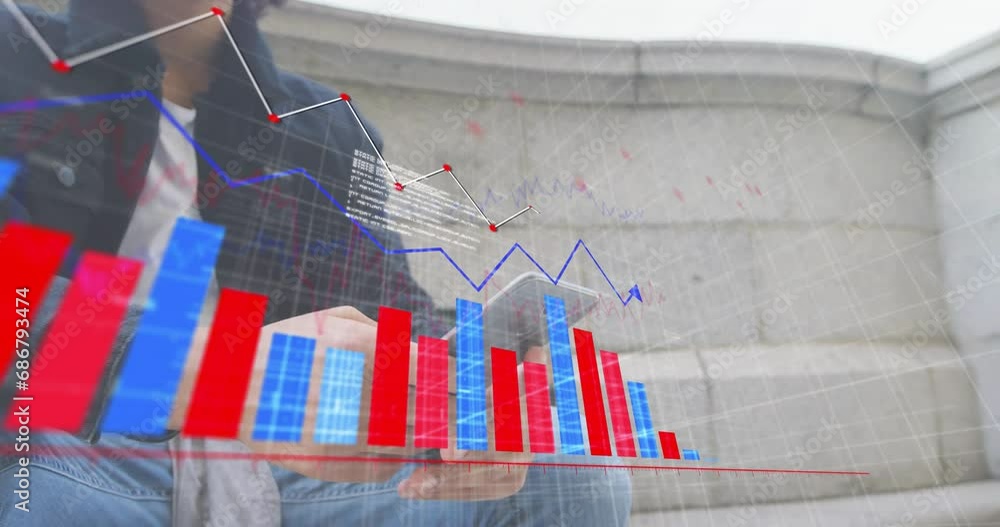 Aufkleber animation of financial data processing over biracial man using smartphone
