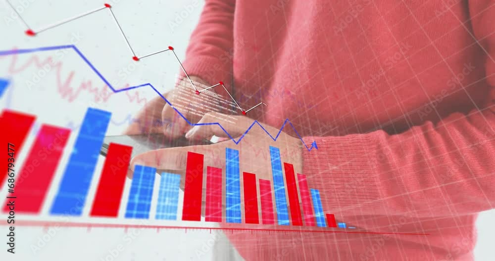 Poster animation of financial data processing over caucasian businessman using smartphone