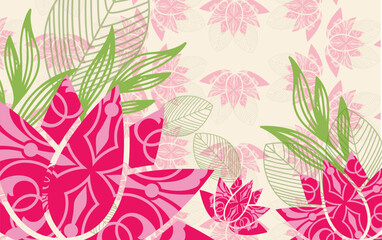 Vector background with white lotuses and green leaves. Luxury design template with golden line lily. Nelumbo nucifera flower for banners, invitations, cover and packaging design.