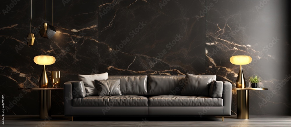 Aufkleber Luxurious contemporary living room with a 3D rendered marble and black patterned wall background Copy space image Place for adding text or design