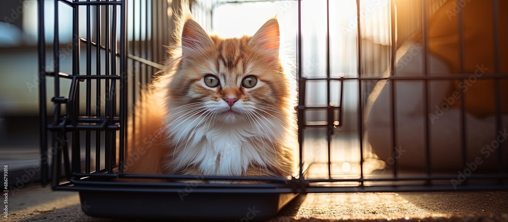 Poster Gorgeous feline enclosed in portable cage excellent image Copy space image Place for adding text or design
