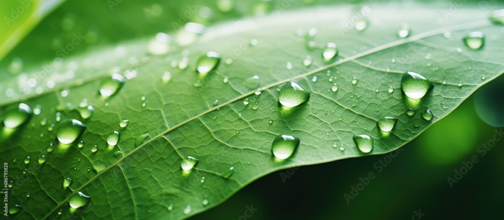 Poster raindrops on leaf in nature close up copy space image place for adding text or design