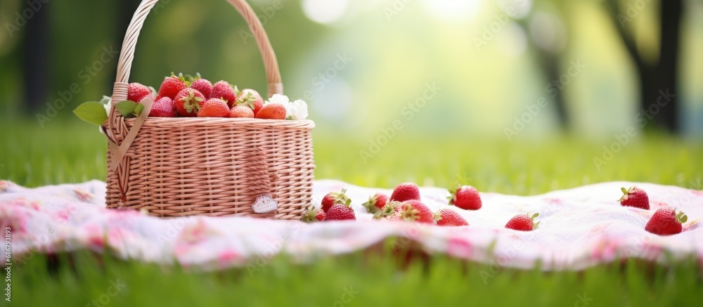 Poster mini basket of strawberries on a white blanket with dessert snack for spring picnic surrounded by ch