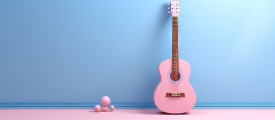 Pink background featuring a music note next to an acoustic classic guitar Copy space with a blue cartoon guitar 3D rendered image Copy space image Place for adding text or design - obrazy, fototapety, plakaty