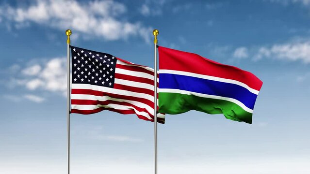 USA or america and gambia flag waving on sky background. 4K Highly Detail 3D Rendered video footage for national or government activity, patriotism and  social media content.
