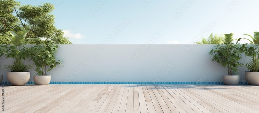 Poster Minimalistic swimming pool terrace with open wall surrounded by nature Copy space image Place for adding text or design