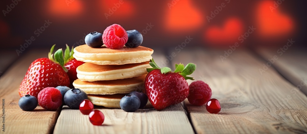 Poster Heart shaped mini pancakes topped with berries make for a tasty Valentine s Day breakfast with a lovely food backdrop Copy space image Place for adding text or design
