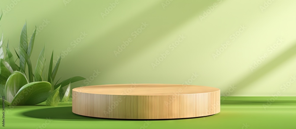 Poster green room with wooden podium for product display featuring nature and organic cosmetic and food con